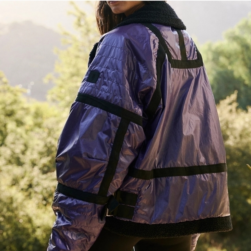 New FP Movement Royal Purple/Black Vagabond Fleece Bomber Jacket
